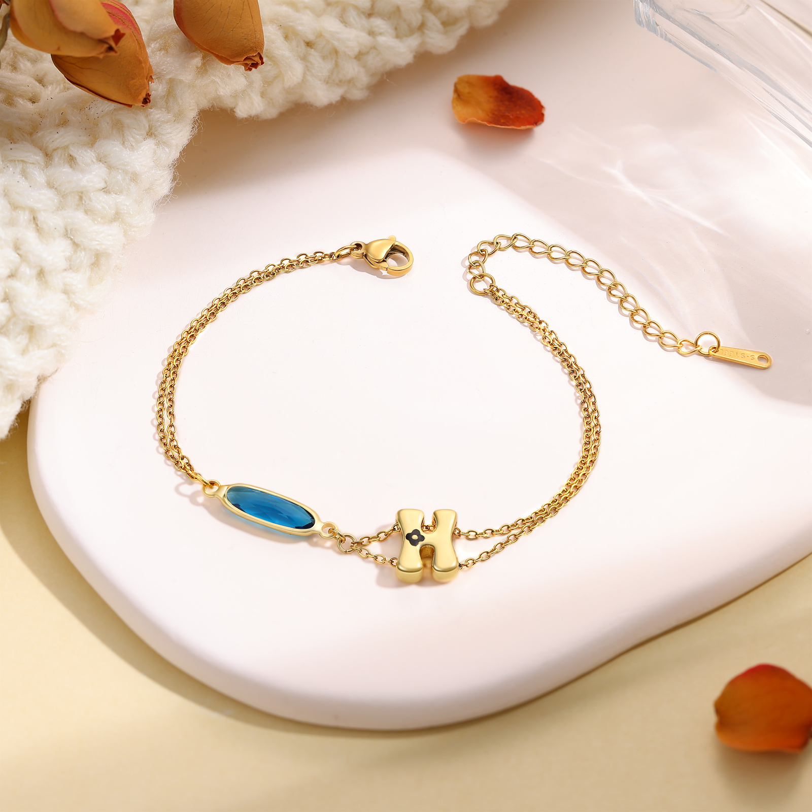 Personalised Gold Initial Bracelet with Birthstone