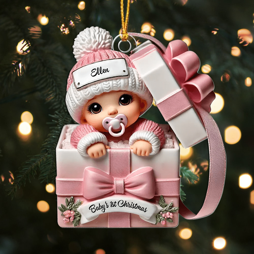 Personalised Christmas Tree Decoration – Baby in a Gift Box for Their First Christmas