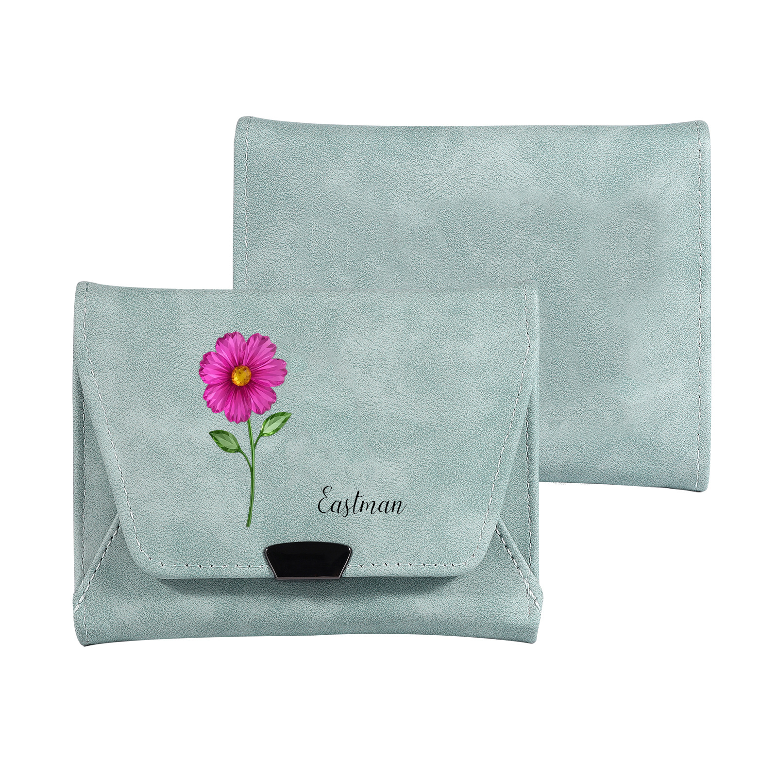 Personalised women’s leather wallet with birth flower and name