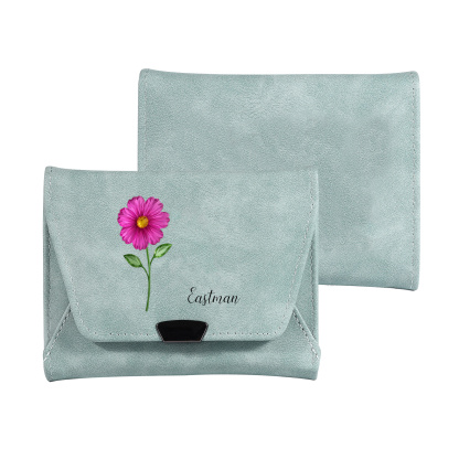 Personalised women’s leather wallet with birth flower and name