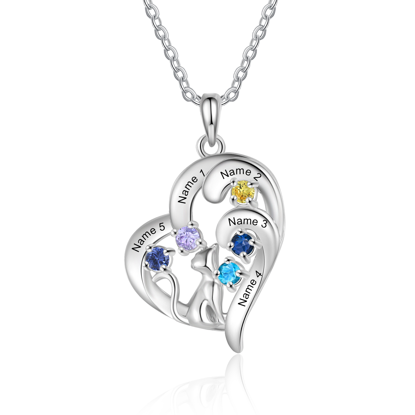 Personalised Cat Heart Necklace with Birthstones