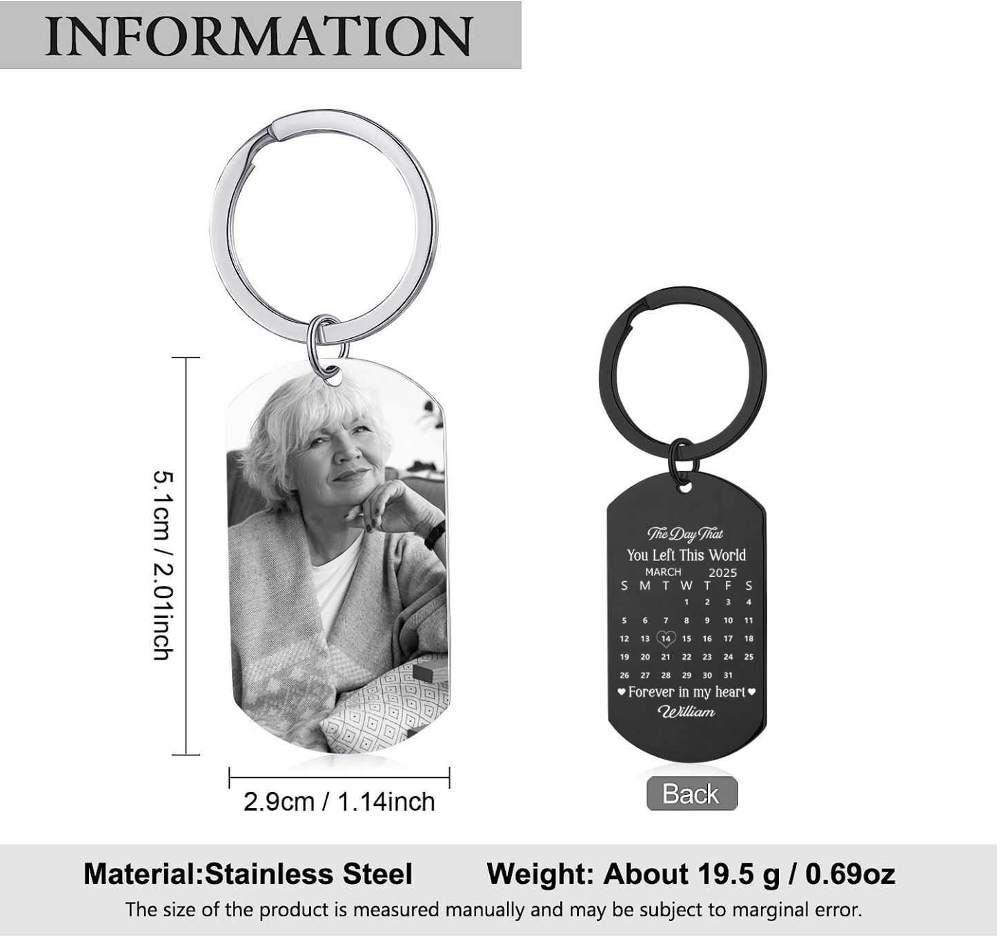 Personalised Steel Photo Calendar Memorial Keyring