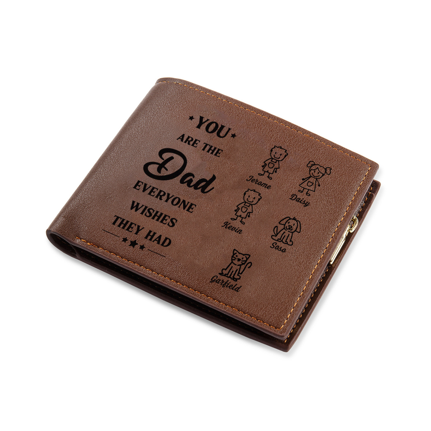 Personalised Men's PU Leather Wallet – Kids Doodle, 1–6 Names & Photo Engraving