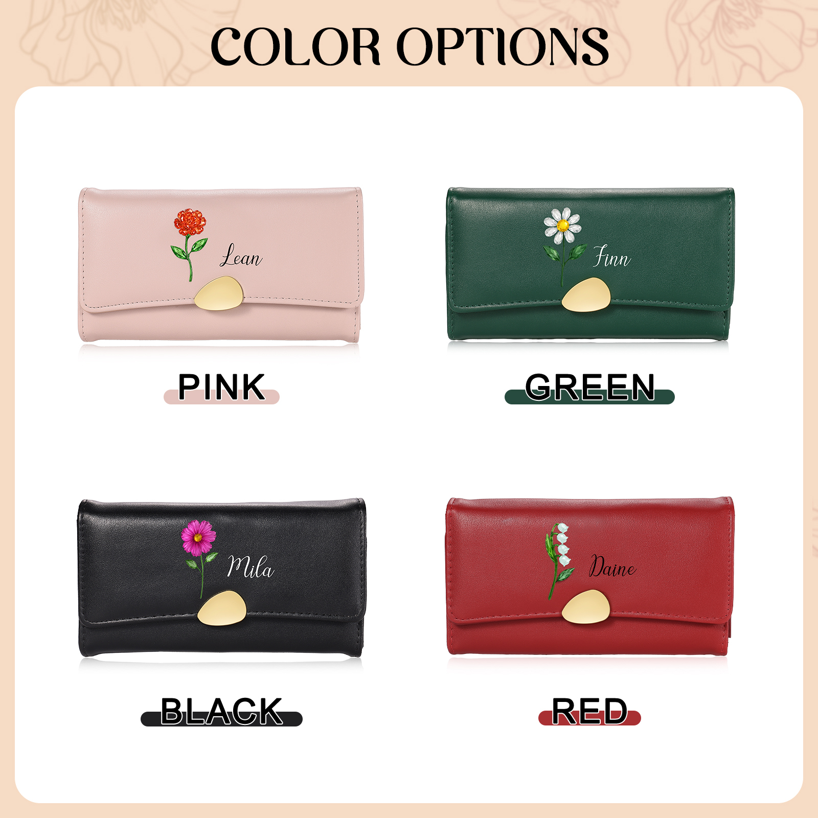 Personalised Long Women’s Leather Wallet with Birth Flower and Name