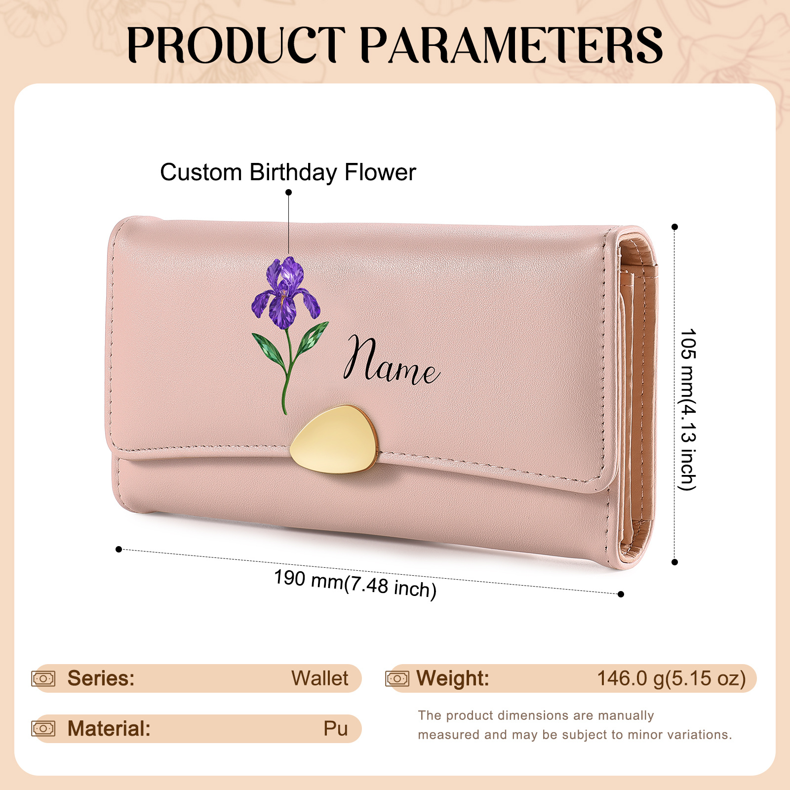Personalised Long Women’s Leather Wallet with Birth Flower and Name