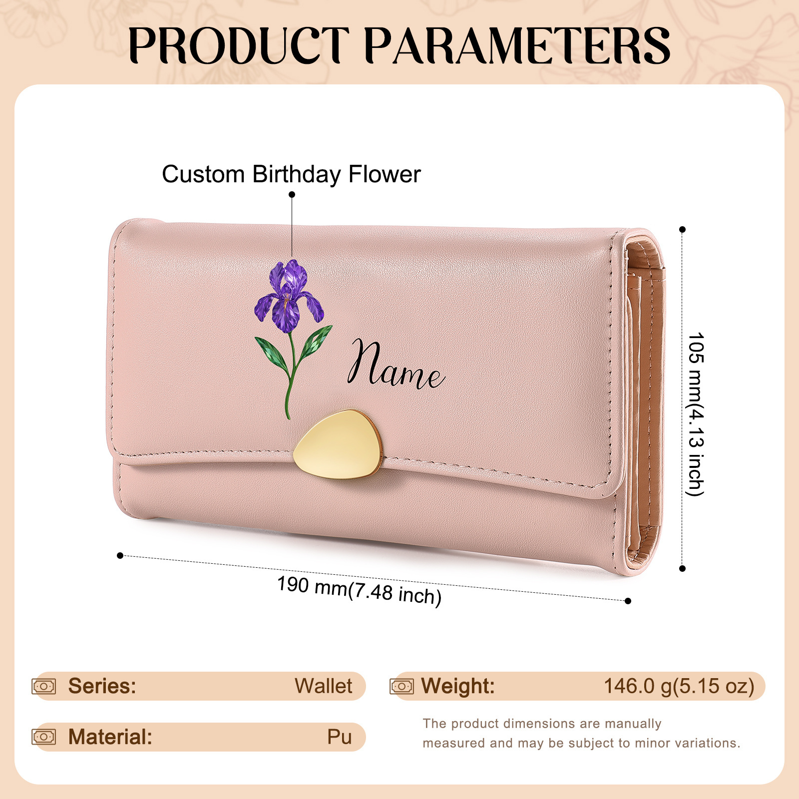 Personalised Long Women’s Leather Wallet with Birth Flower and Name