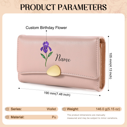 Personalised Long Women’s Leather Wallet with Birth Flower and Name