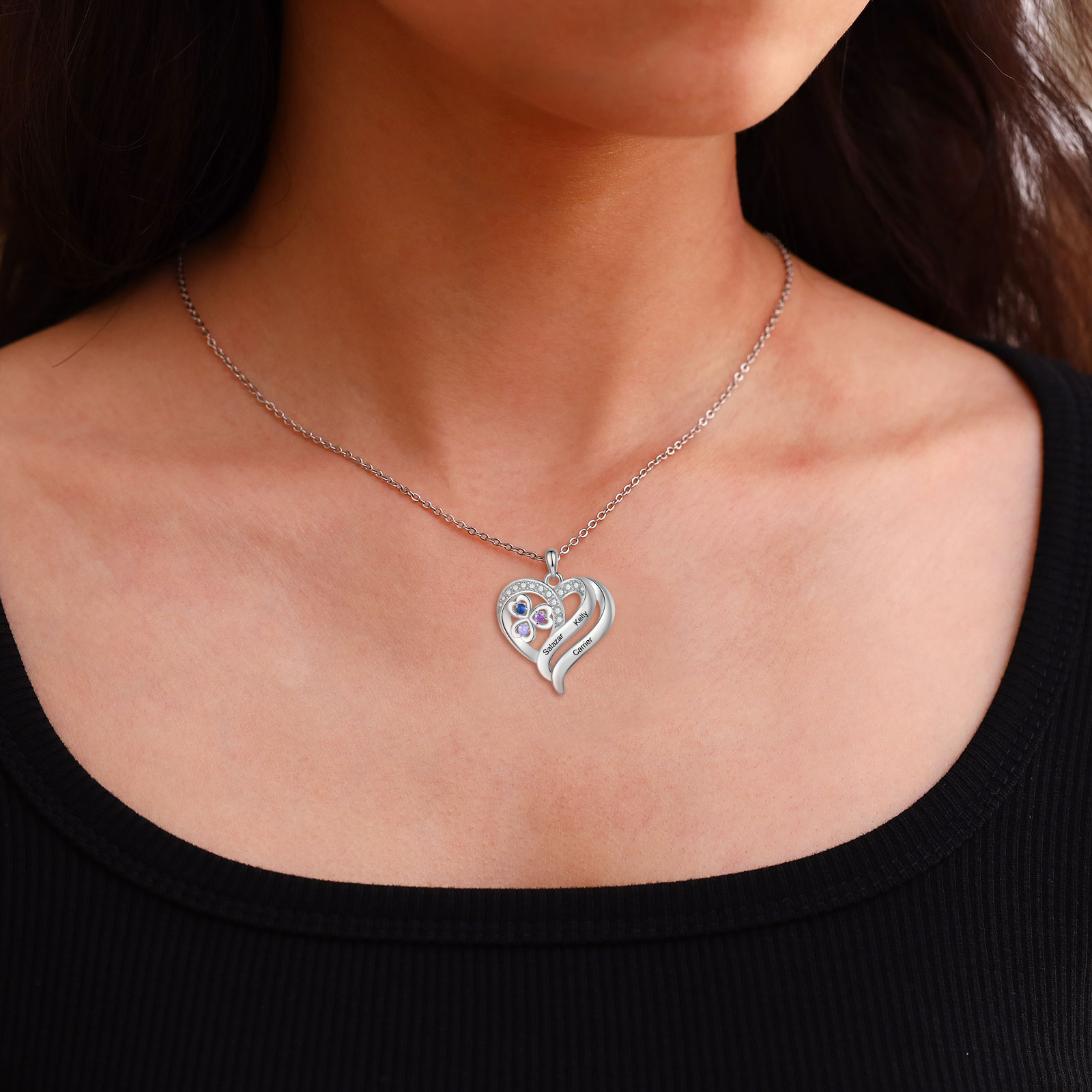 Personalised 2-4 Names Heart Birthstone Women Necklace