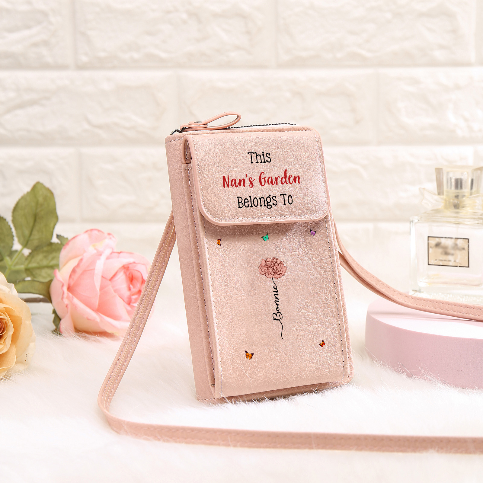 Personalised Crossbody Phone Purse Custom 1-6 Names & Birthflower Wallet Birthday Gift for Nan | Jessemade