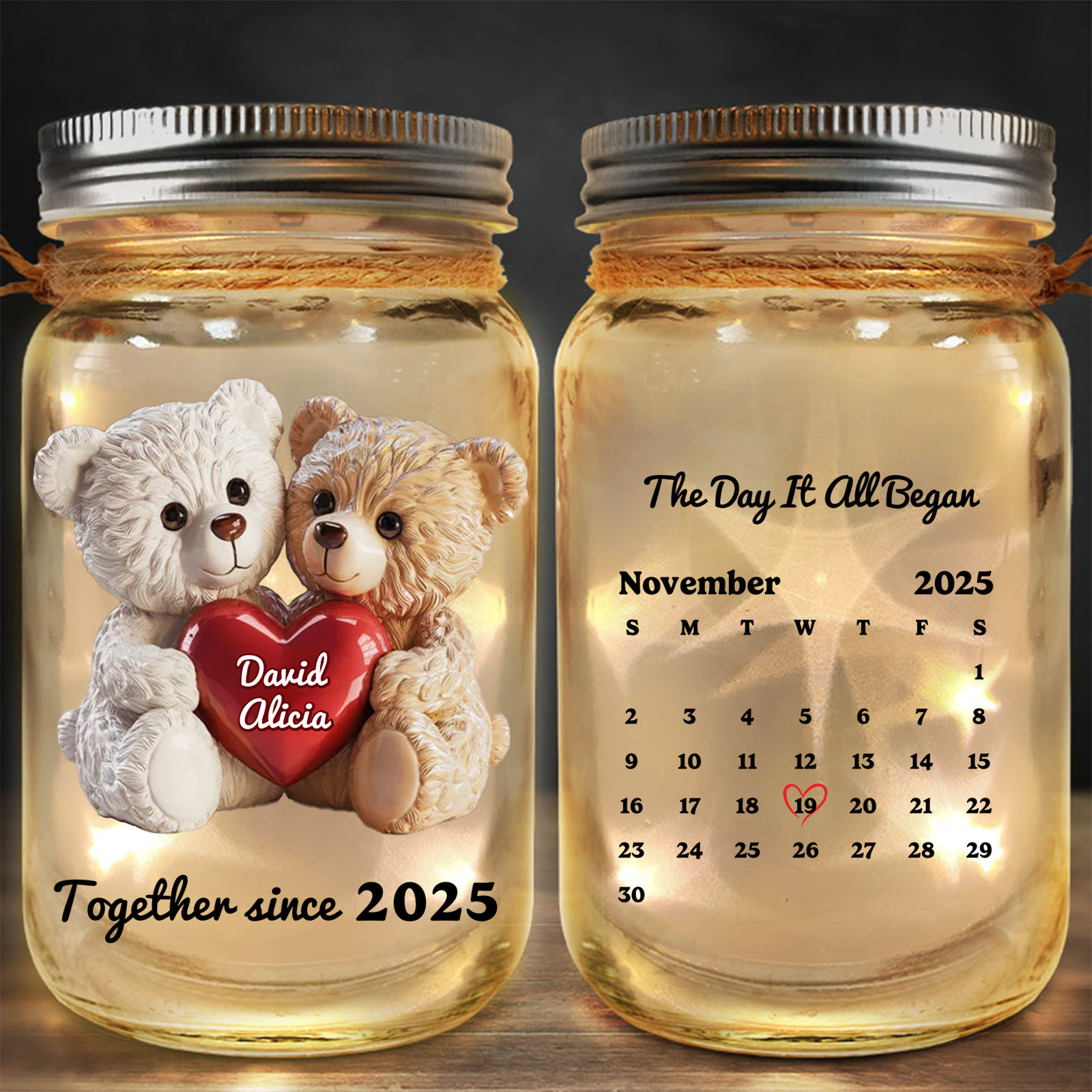 Customisable teddy bear light-up bottle with calendar and 2 names, gift for a couple’s anniversary, Valentine’s Day or birthday | Jessemade