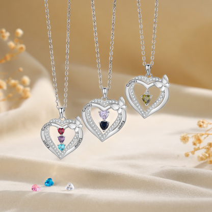 Personalised 1-3 Names Butterfly Heart Birthstone Necklace