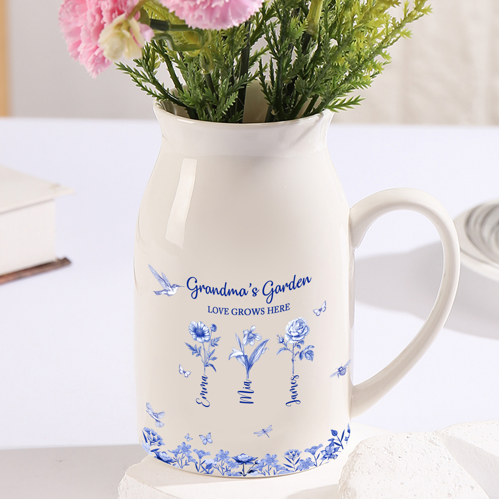 Grandma’s Garden Ceramic jug Vase, blue-and-white floral pattern