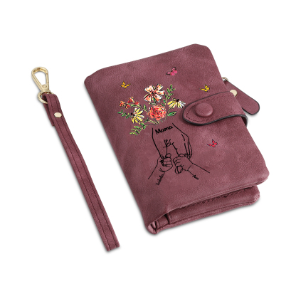 Personalised Wallet with flowers and a hand-in-hand design, with 3 to 6 names – for Mum/Grandma