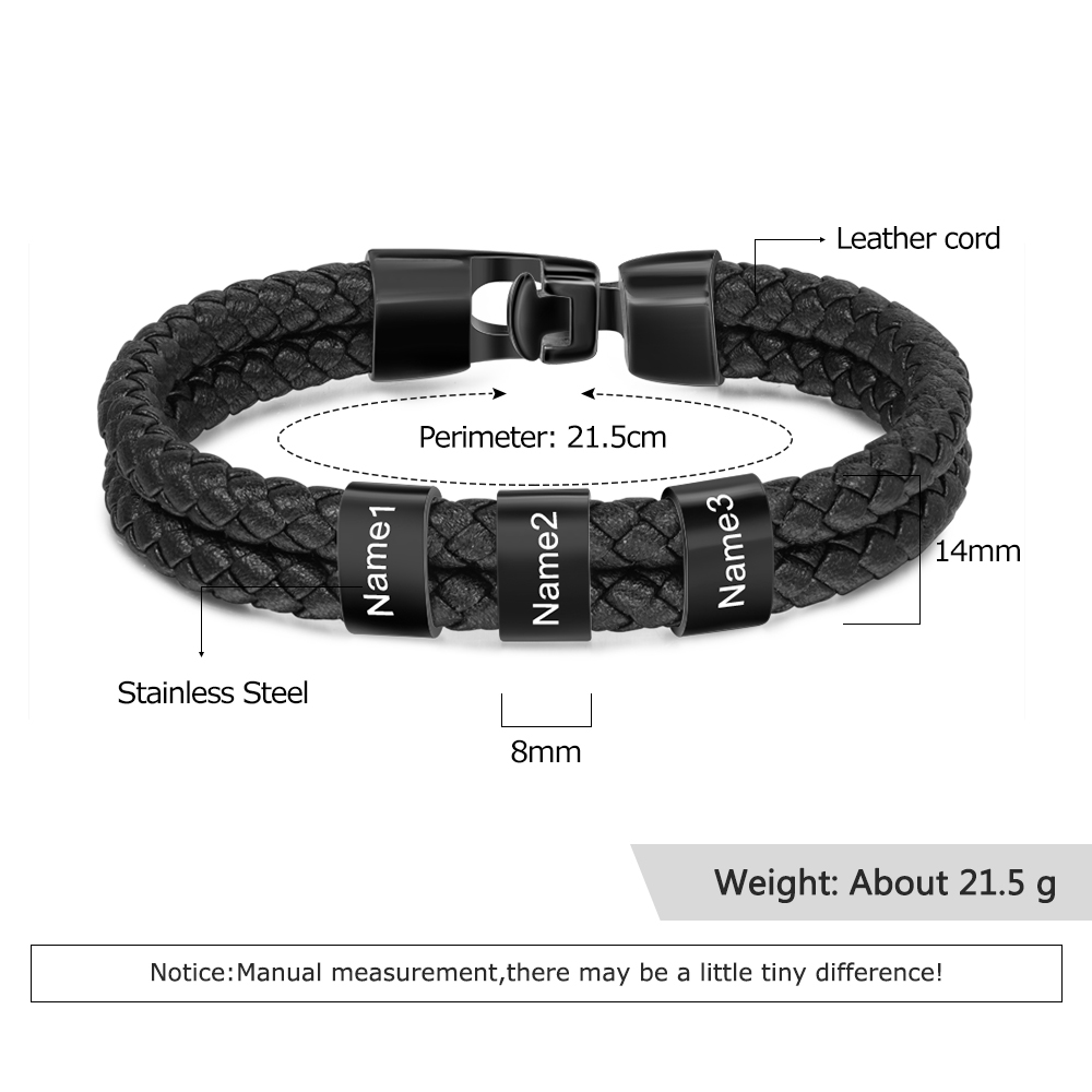 3 Names -Personalised Braided Leather Bracelet Engraved Men's Bracelet for Him