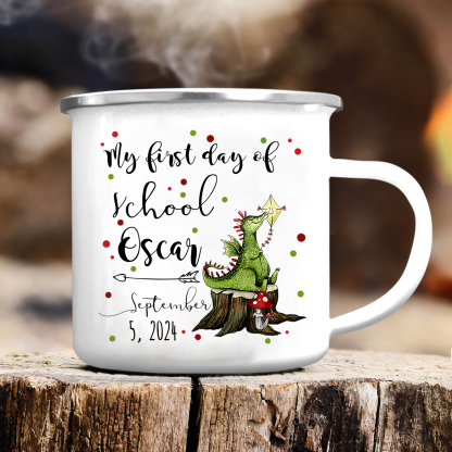 Personalised Enamel Mug Custom Name & Date Dinosaur Cup Back to School Gift for Kids - My First Day Of School-Jessemade AU