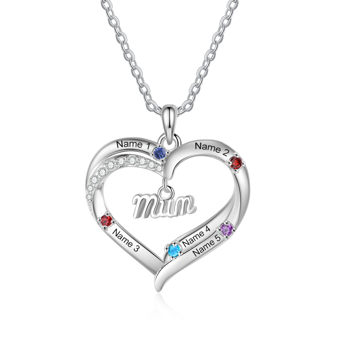 Personalised 2-5 Names Mum Nan Heart Necklace with Birthstones