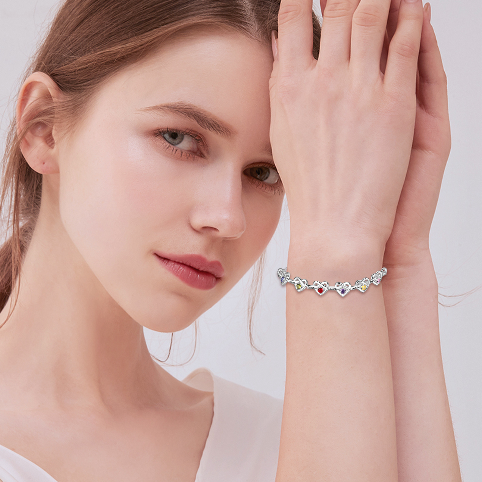 3 Colours Available Personalised Linked Heart Bracelet with 6 Custom Names Birthstones & Text Perfect Birthday Gift for Her