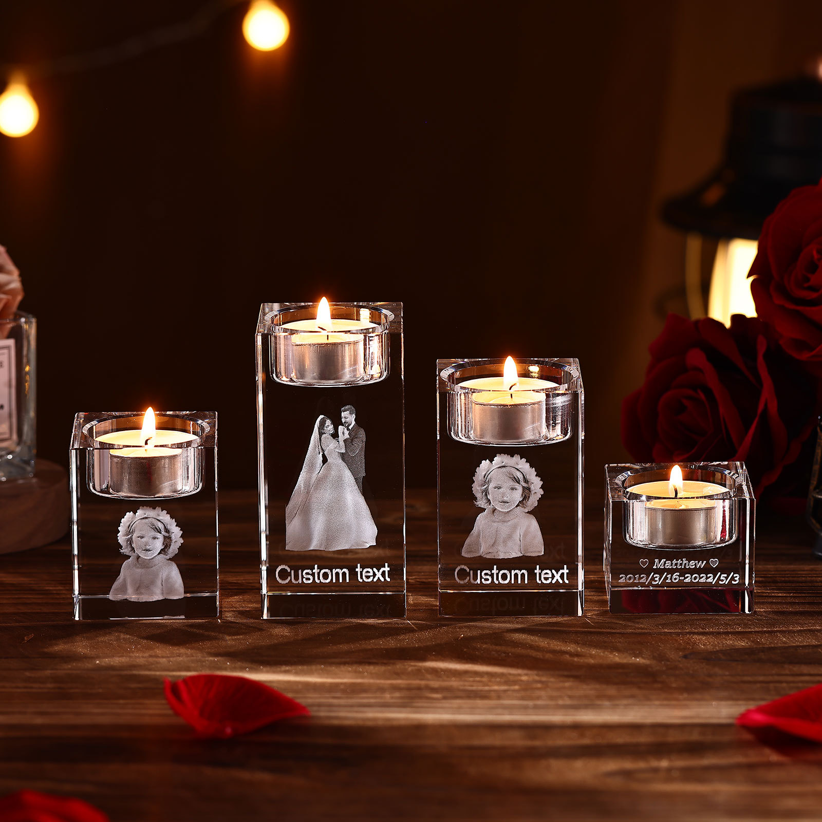 Personalised Crystal Candle Holder Engraved 3D Photo and Text Gift for Couples