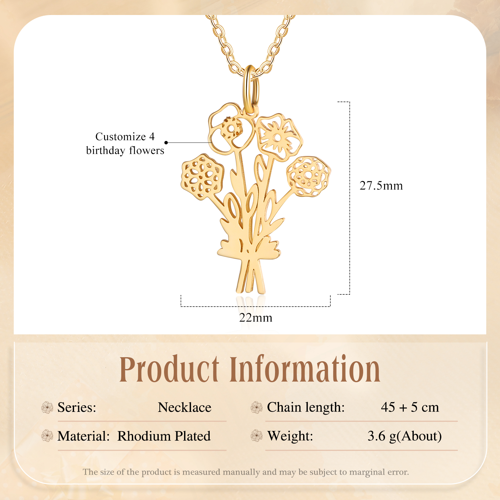Personalised 4 Birthday Flowers Necklace Custom Pendant Necklace Gold Birthday Gift for Her-Jessemade AU