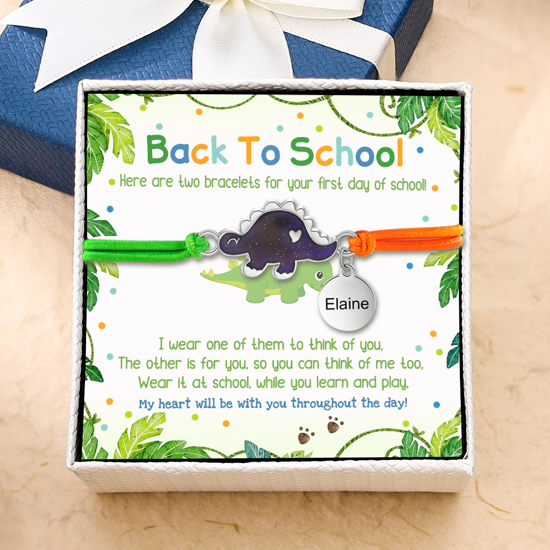 2 Pcs Bracelet Set Custom Names Dinosaur Charm Hair Ties Back To School Gift for Daughters - My Heart Will Be With You Throughout The Day-Jessemade AU