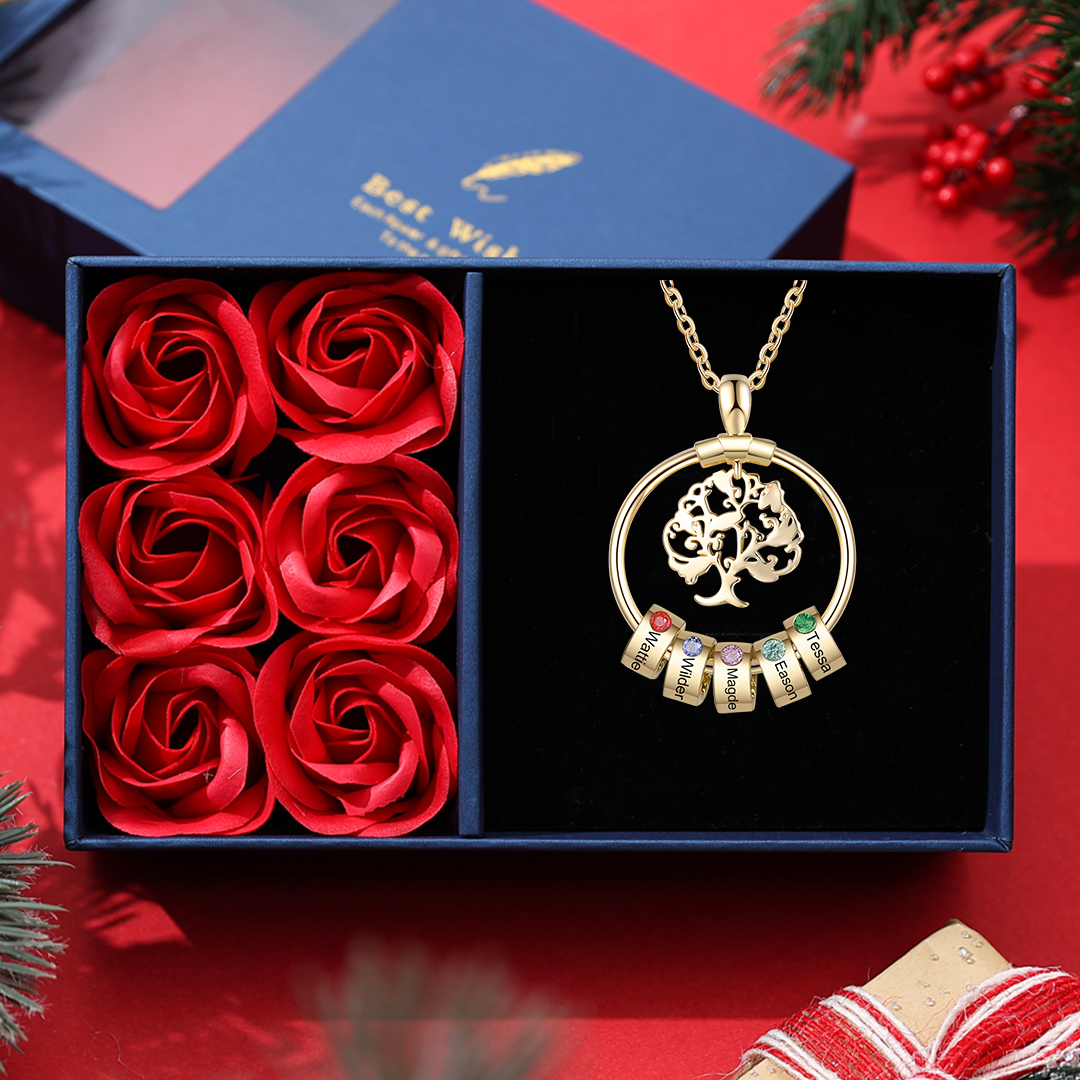 Personalised Family Necklace and Leather Bracelet Set with 5 Birthstones 5 Names Christmas Gift for Loved Ones-Jessemade AU