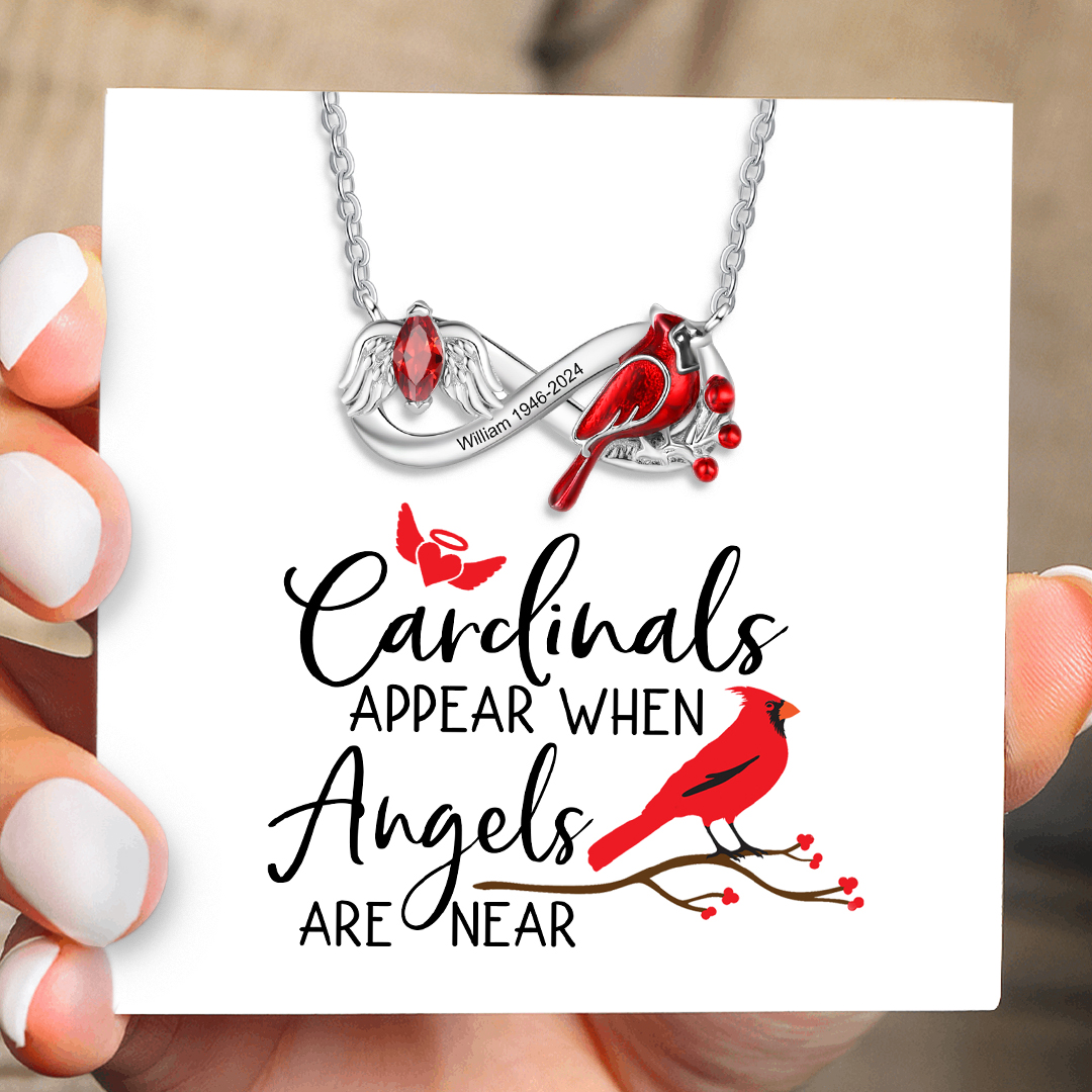 Personalised Cardinal Bird Necklace with Angel Wing 1 Birthstone & Name Comes with Card and Gift Box
