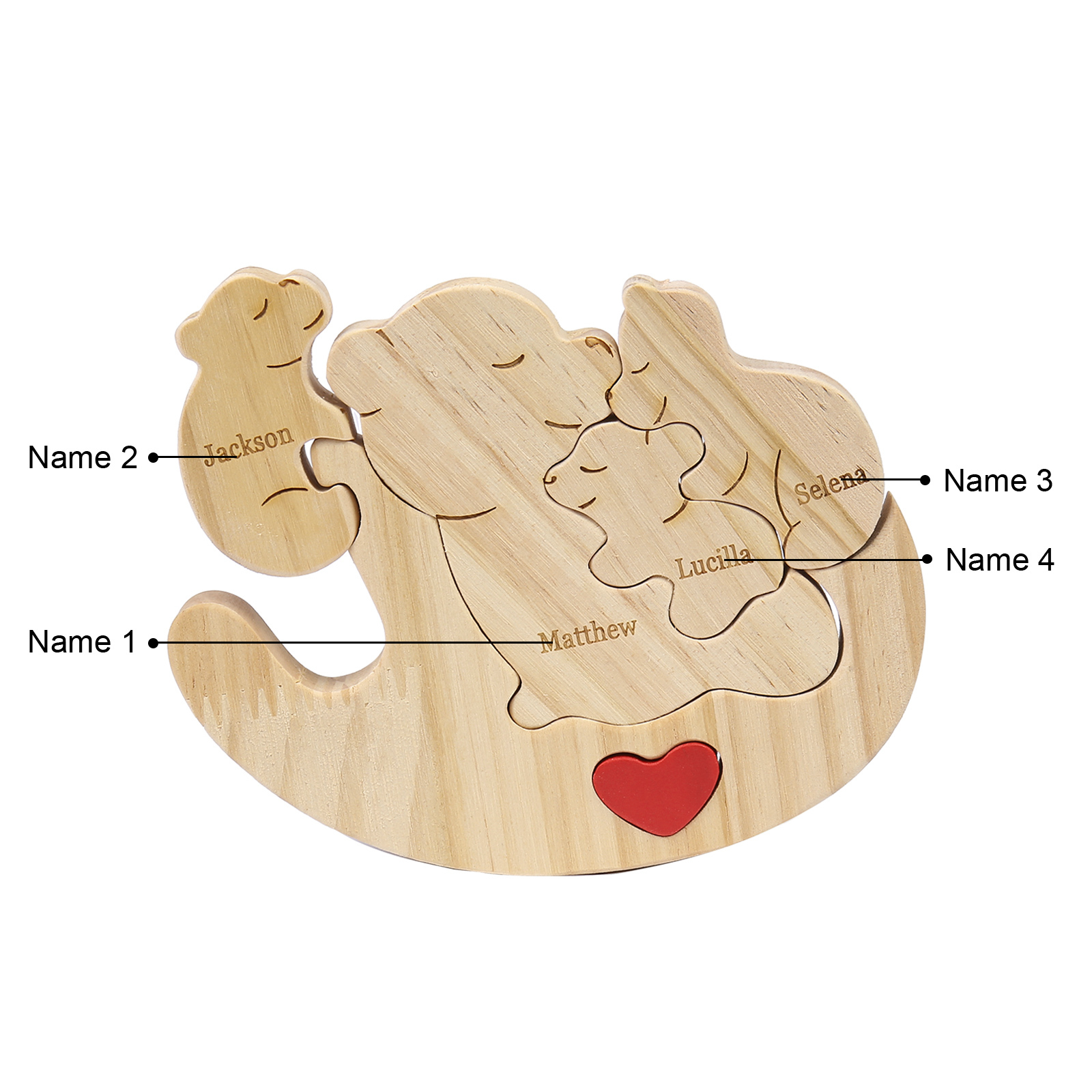 Personalised Wooden Bear Family Puzzles Custom 4 Names Animal Heart Ornaments Fathers Day Gifts-Jessemade AU