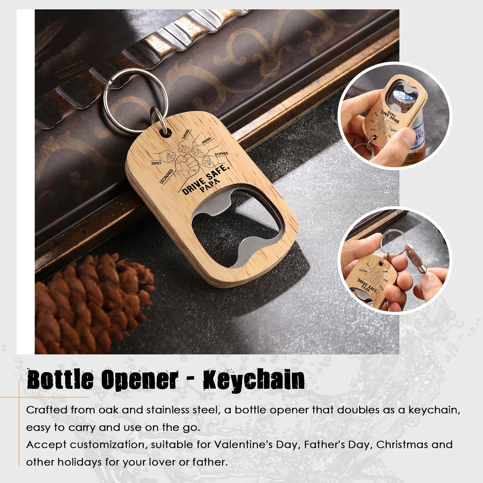 Drive Safe - Personalised 1 Text & 5 Names Bottle Opener Keychain Fist Bump Keychain Fathers Day Gifts for Dad/Grandpa-Jessemade AU