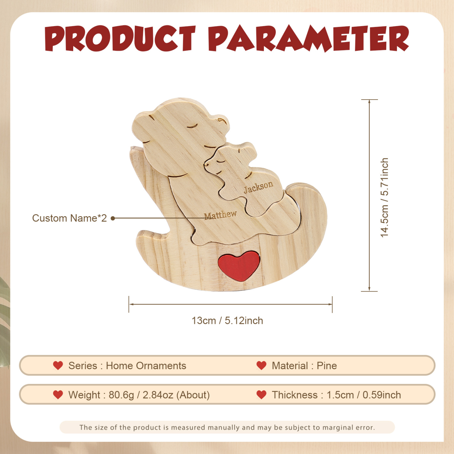 Personalised Wooden Bear Family Puzzles Custom 2 Names Animal Heart Ornaments Fathers Day Gifts-Jessemade AU