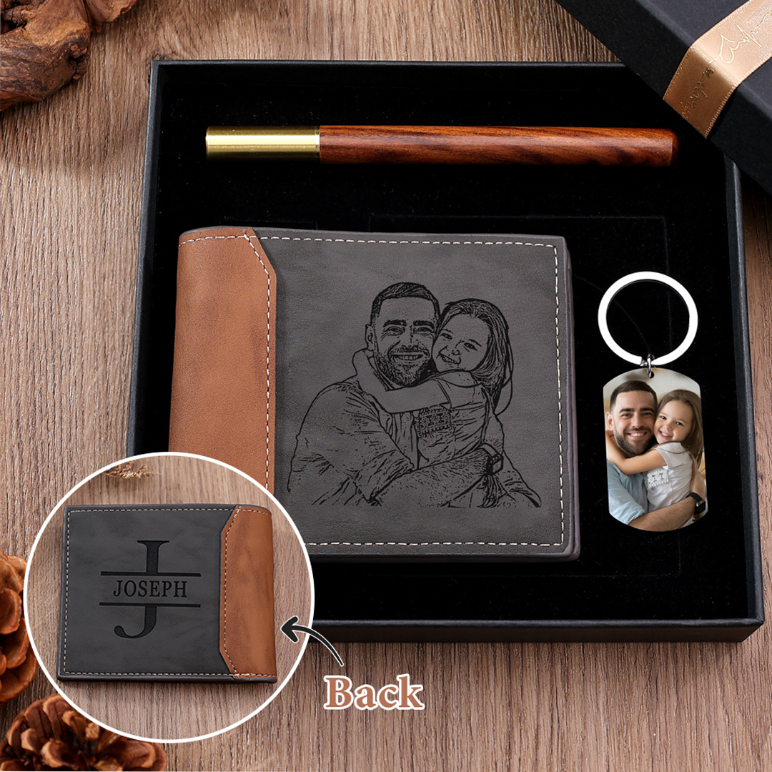 Personalised 2 Names & 1 Letter & 2 Photos Fist Bump Gift Set Custom Wallet & Keychain & Pen Dad Gift Box Set Fathers Day Gift-Jessemade AU