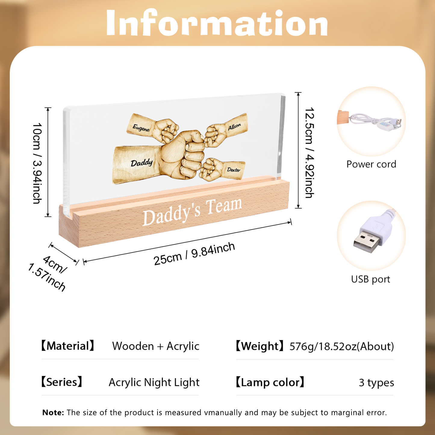 4 Names -  Personalised Name & Text Acrylic Night Light Custom Fist Bump LED Lamp Fathers Day Gifts-Jessemade AU