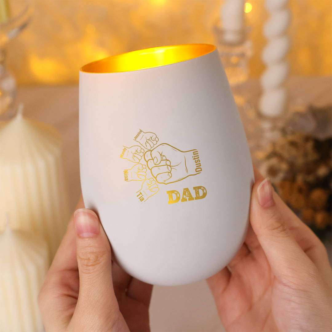 Personalised Glass Candle Holder with Fist Bump, Customisable with 1–8 Kids’ Names and Fists for Dad/Grandad