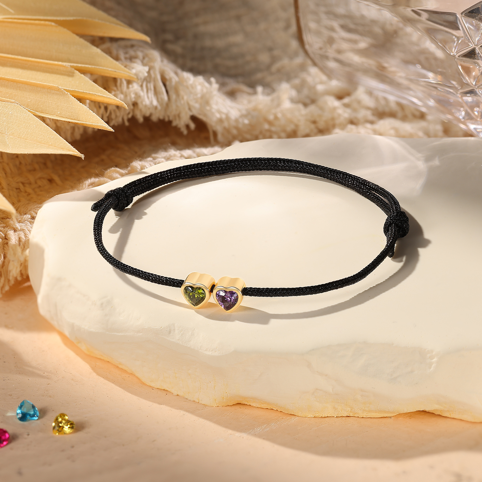 Personalised 2-5 Heart Birthstones Adjustable Rope Bracelet