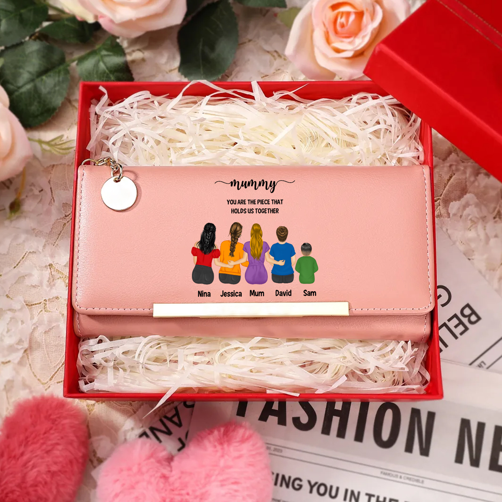 Personalised leather wallet for Mum with 1–6 child figures and names