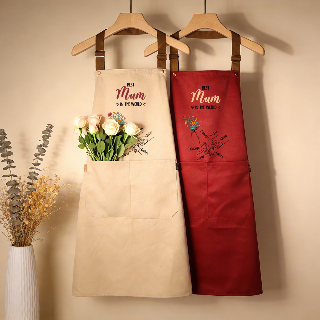 Personalised Floral Kitchen Apron Holding Hands Customised with 2–7 Names Gift for Mum or Grandma