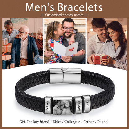 3 Names-Vintage Men's Bracelet Engraved Beads Leather Bracelet Gift for Father's Day