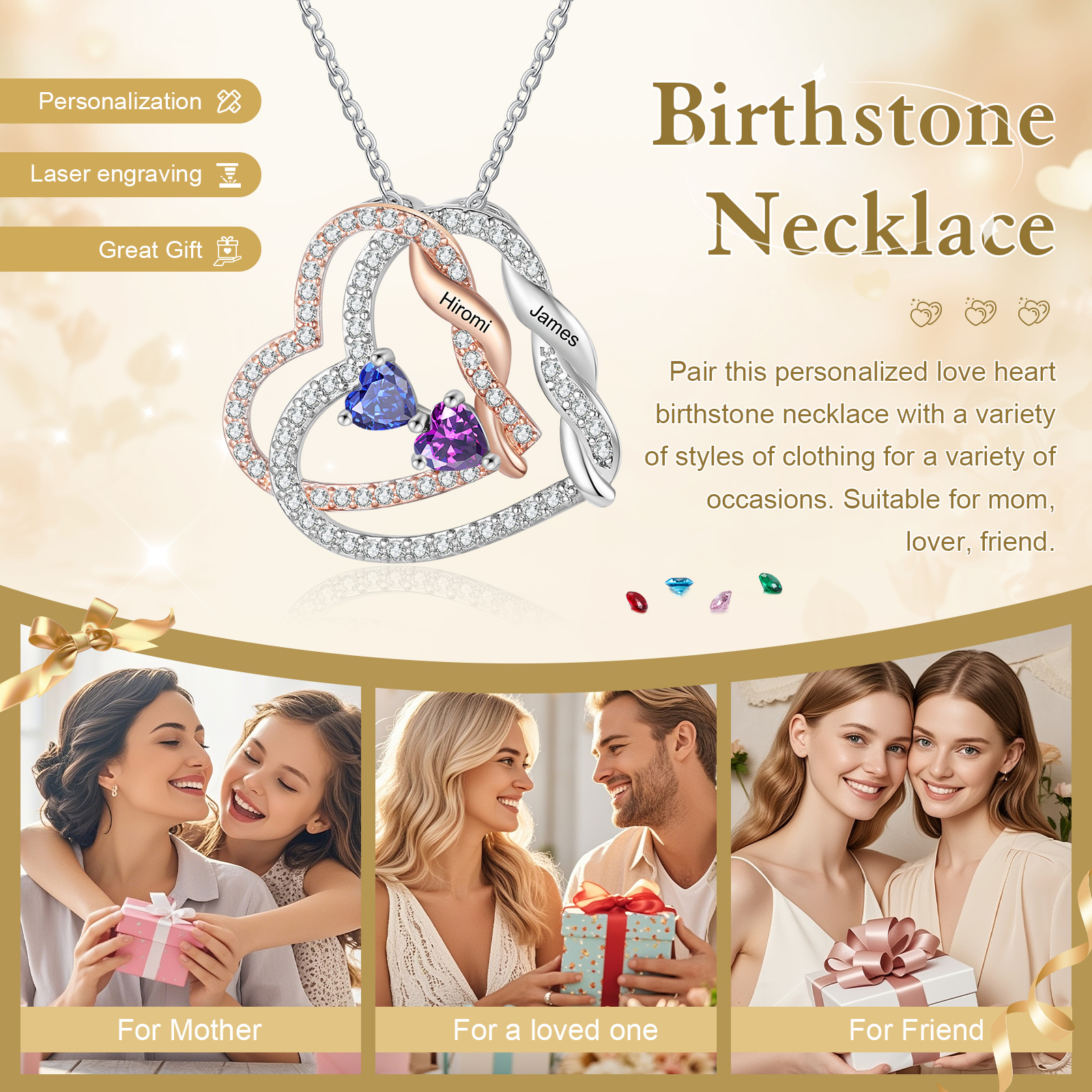 Personalised Diamond Heart to Heart Birthstone Necklace