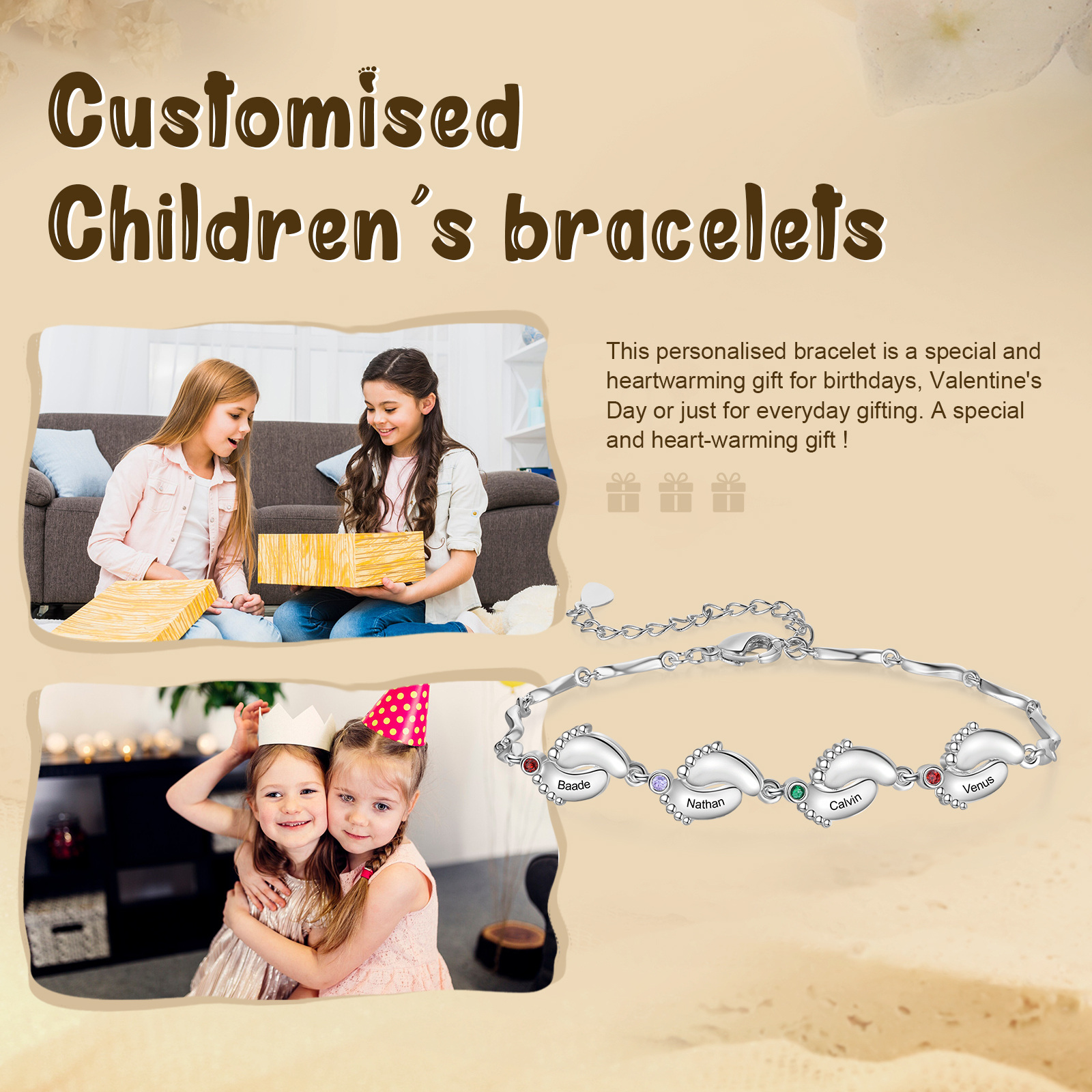 Personalised Baby Feet Bracelet Custom 4 Birthstones & 4 Names Adjustable Bracelet Gift for Her-Jessemade AU