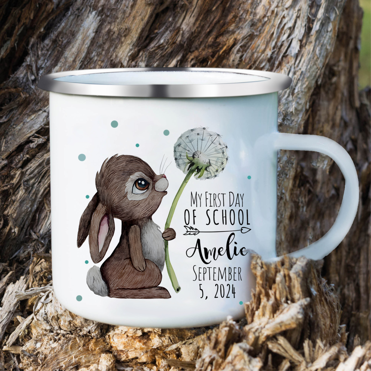 Personalised Enamel Mug Custom Name & Date Bunny Dandelion Cup Back to School Gift for Kids - My First Day Of School-Jessemade AU