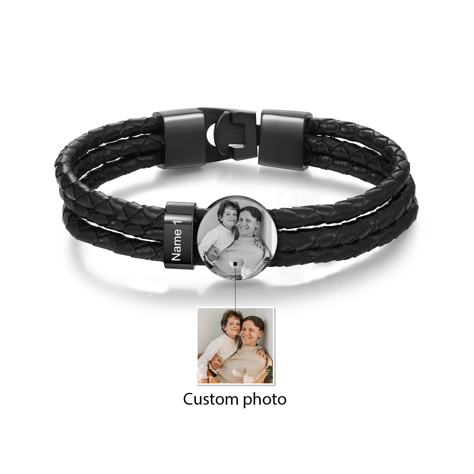 Personalised Men's Leather Bracelet Custom 1 Name & 1 Photo Braided Bracelet Father's Day Gifts for Him-Jessemade AU