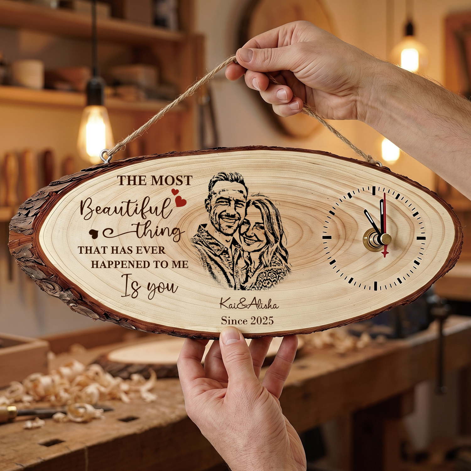 Personalised Wooden Couple’s Clock with Photo, 2 Names and Date – Gift for Anniversary or Valentine’s Day