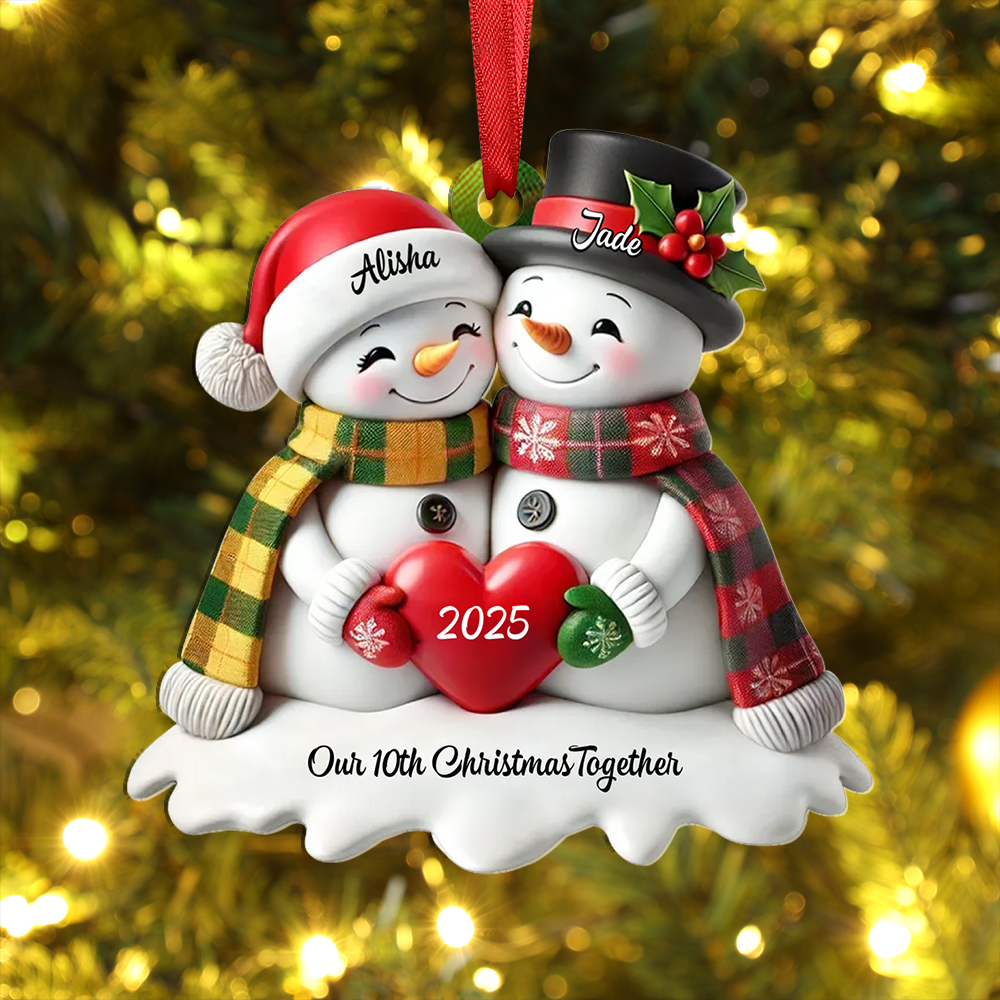 Customisable Heart Snowman Couple Christmas Tree Decoration