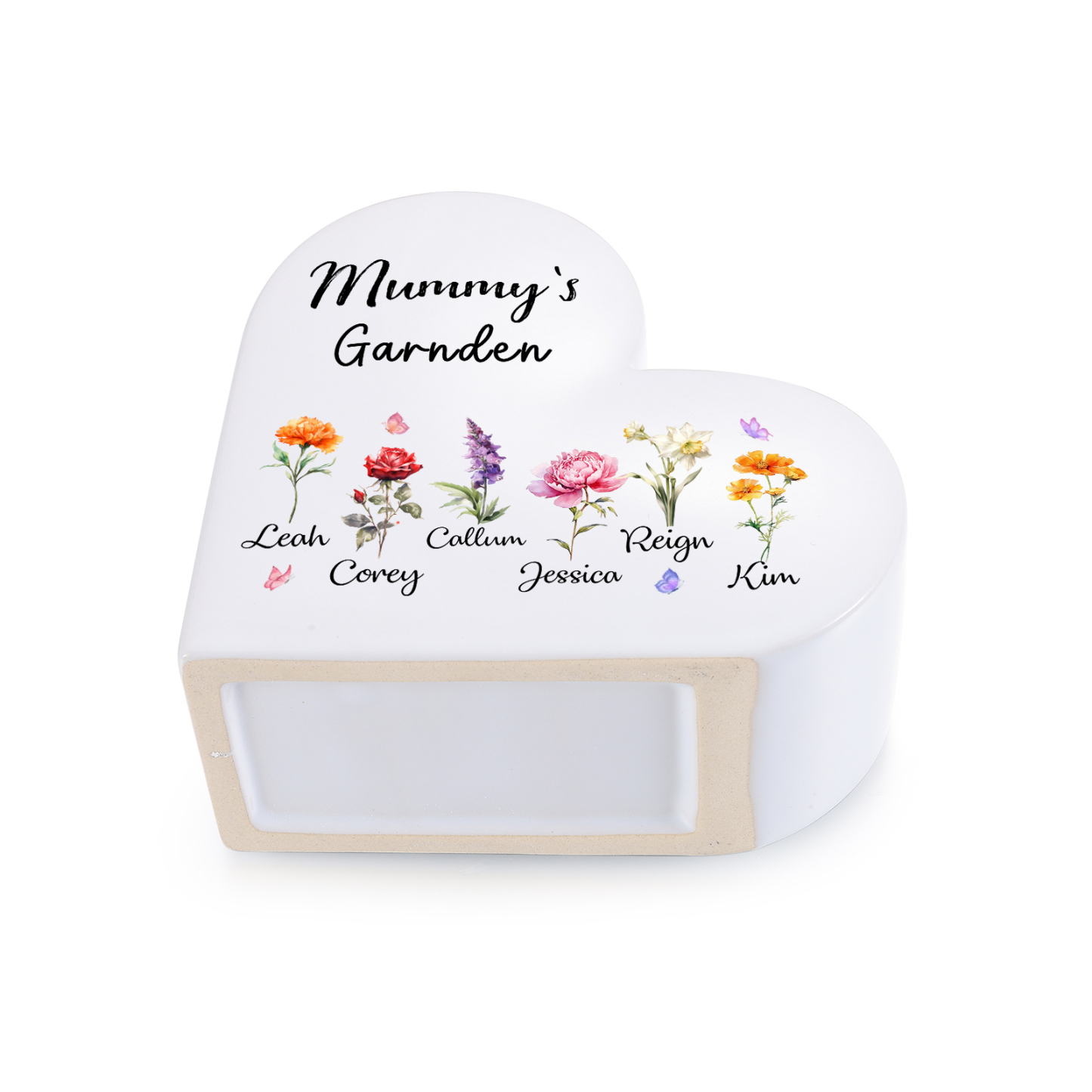 Personalised Ceramic Heart Vase with 1 to 12 Birth Flowers and Children’s Names