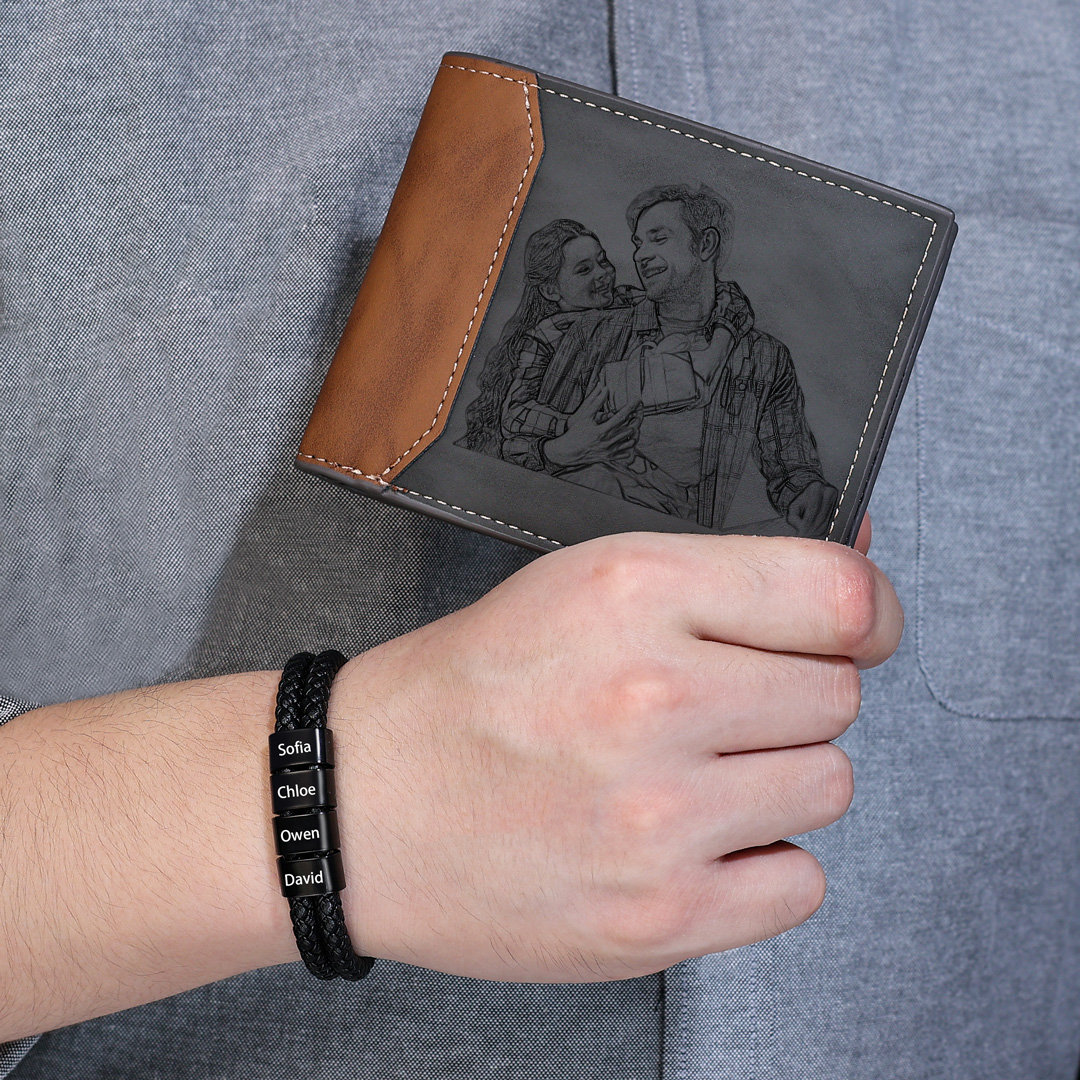 Personalised 1 Photo & 1 Letter & 5 Names Gift Set Custom Wallet & Bracelet Gift Box Set Christmas Gifts