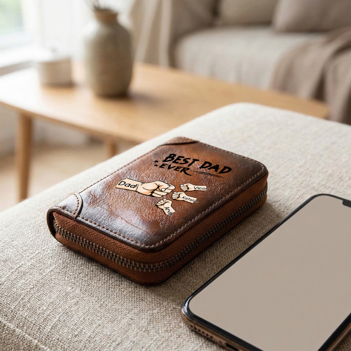 Personalised Genuine Leather Card Holder with 1–6 Names and Fist Bumps, Zipped Wallet for Dad/Grandad