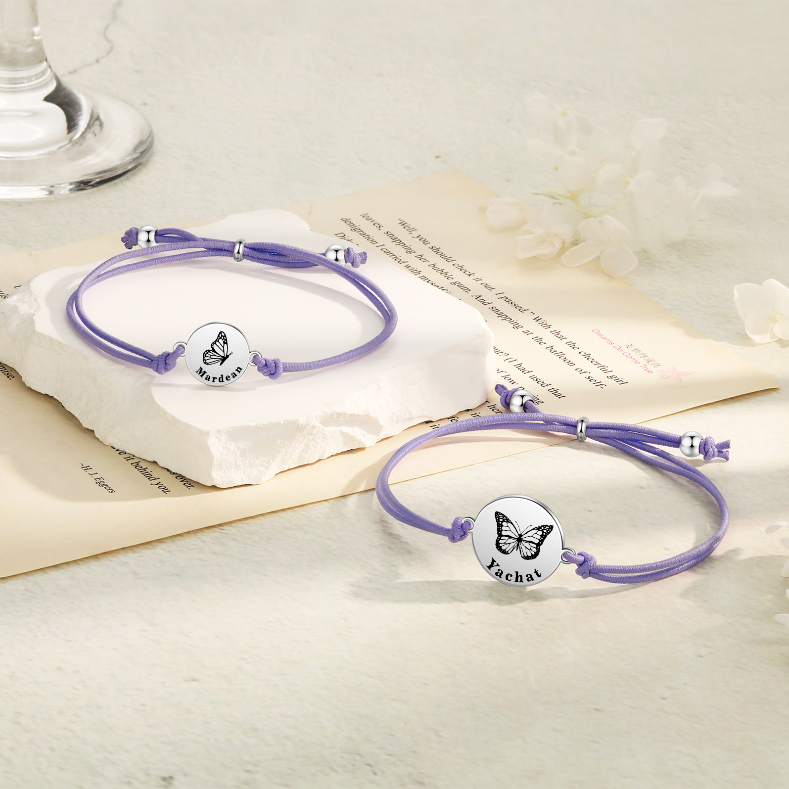 2 Pcs Bracelet Set Custom Names Butterfly Bracelets Back To School Gift for Daughter Granddaughter-Jessemade AU