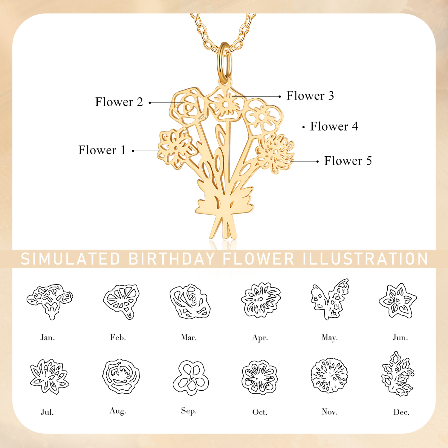 Personalised 5 Birthday Flowers Necklace Custom Pendant Necklace Gold Birthday Gift for Her-Jessemade AU