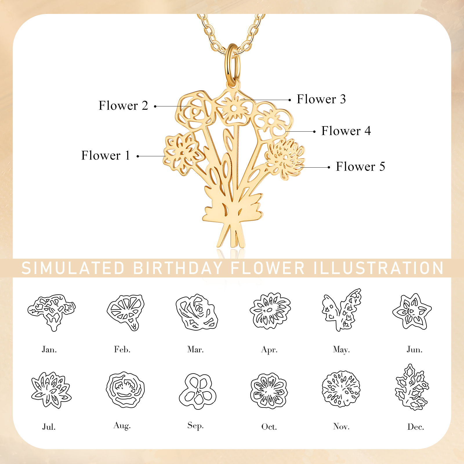 Personalised 5 Birthday Flowers Necklace Custom Pendant Necklace Gold Birthday Gift for Her-Jessemade AU