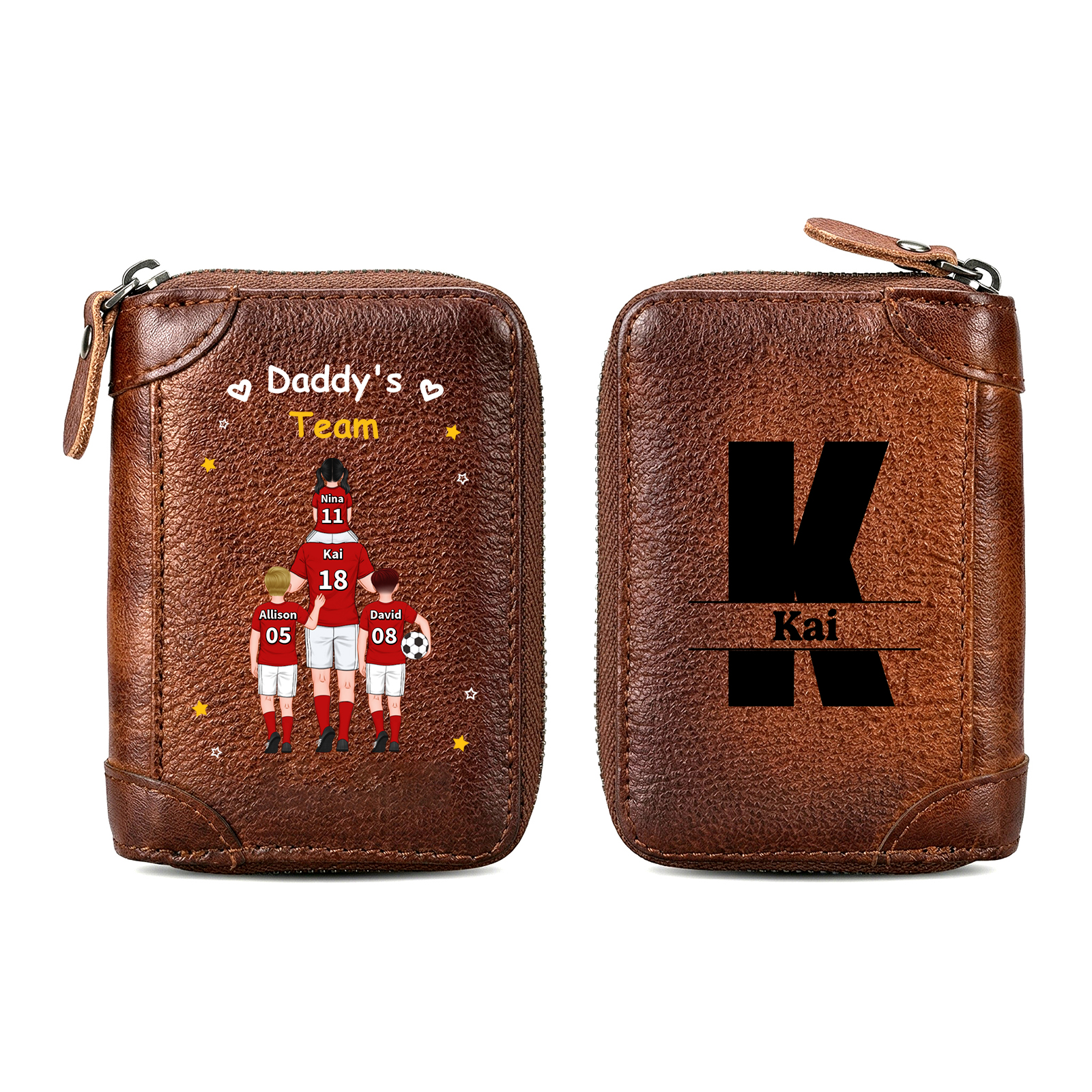 Personalised Genuine Leather Zip Card Holder Wallet with 2–6 Names for Dad