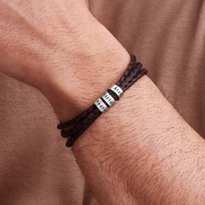Personalised Braided Leather Bracelet for Men With Custom Engraved 2-6 Names Beads - Father's Day Gifts for Dad | Jessemade-Jessemade AU